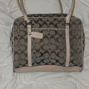 Coach Brown Signature Jacquard Satchel with Tan Leather Trim